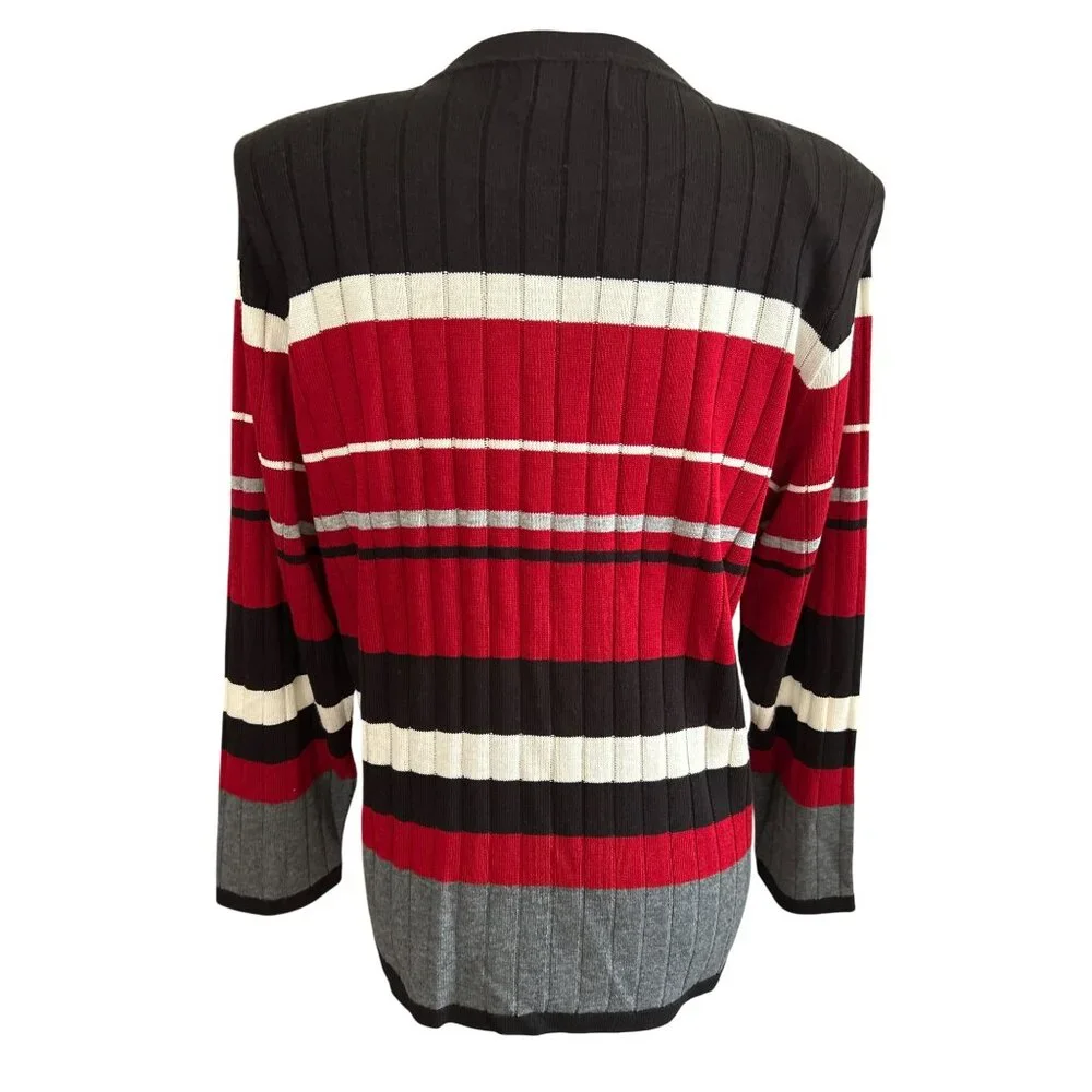 Alfred Dunner Cardigan faux 2 pc Sweater S Black/Red/Gray Striped Button-Front